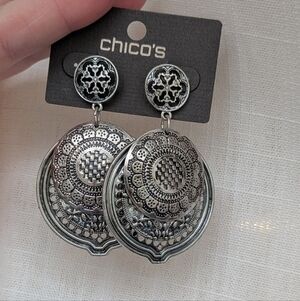 Chico's Silver-Tone Ornate Medallion Drop Earrings